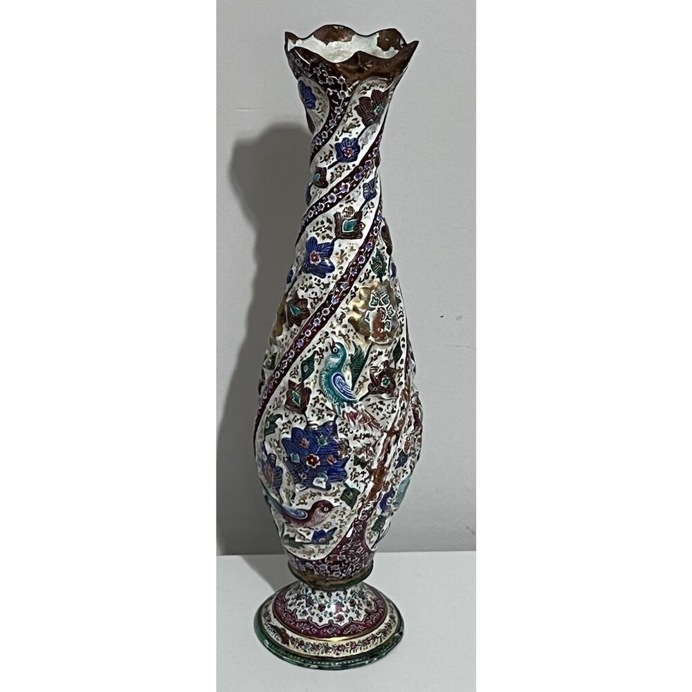 Vintage Antique Iznik Minakari Enameled Birds And Floral Decorations Copper Vase